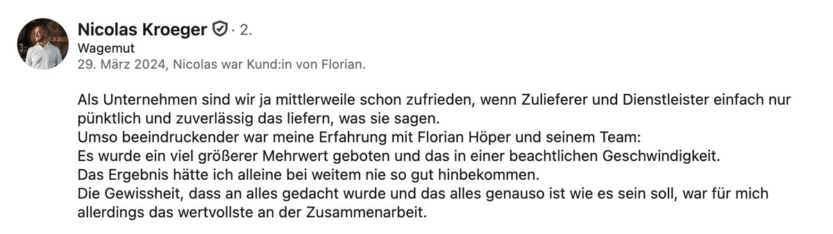 LinkedIn-Empfehlung von Nicolas Kröger
