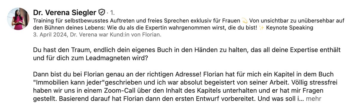 LinkedIn-Empfehlung von Dr. Verena Siegler
