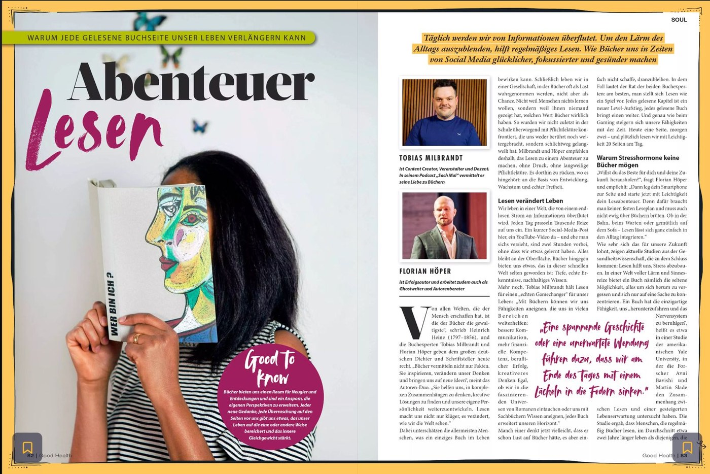 Good Health Magazin — Abenteuer Lesen, Doppelseite mit Florian Höper als Buchexperte