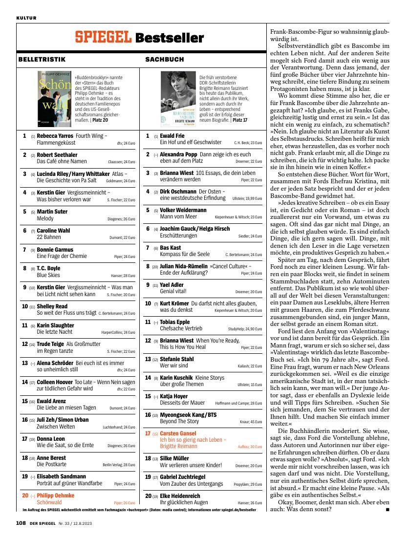 SPIEGEL Bestsellerliste 12.08.2023